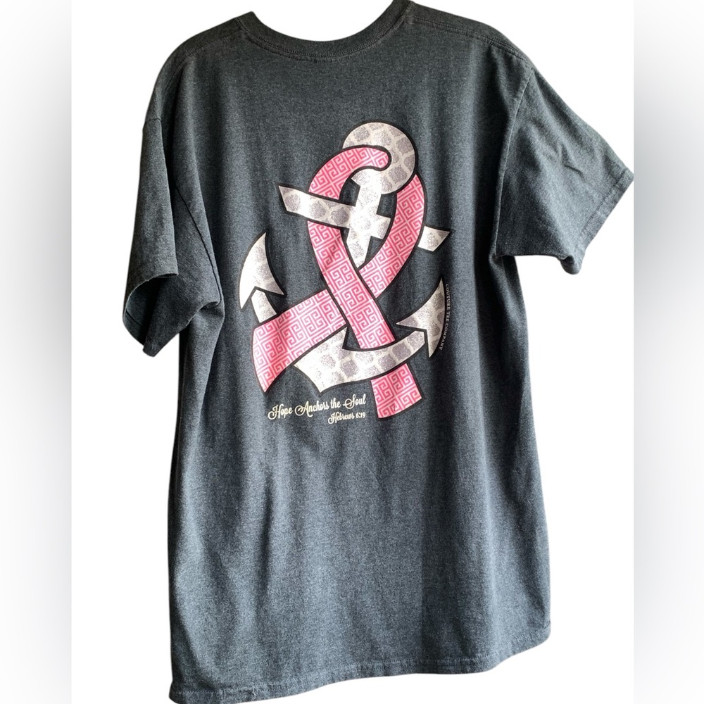 COUTURE Hope Anchors the Soul Hebrews 6:19 Pink Breast Cancer Ribbon Tee Shirt - Picture 1 of 9